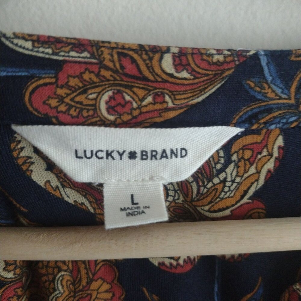 Lucky Brand Floral Blouse L Navy Tan Knit Relaxed Fit Tunic Top - Picture 2 of 9